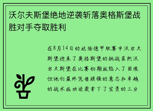 沃尔夫斯堡绝地逆袭斩落奥格斯堡战胜对手夺取胜利